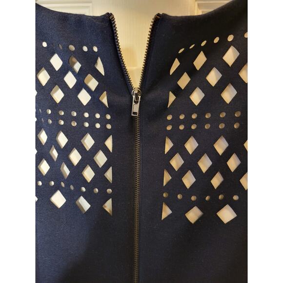 S.L. Fashions Lattice Cut Navy Blue & White Sleeveless Knee Length Dress Sz 12 - Picture 3 of 6